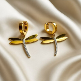 Серьги стальные с напылением золотом стрекозы J10218CJJ Серьги стальные с напылением золотом стрекозы J10218CJJ